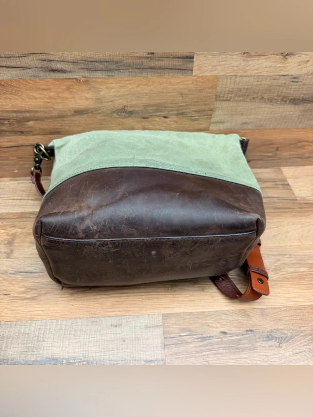 LL Bean Canvas and Leather Crossbody Bag in Sage Green and Brown